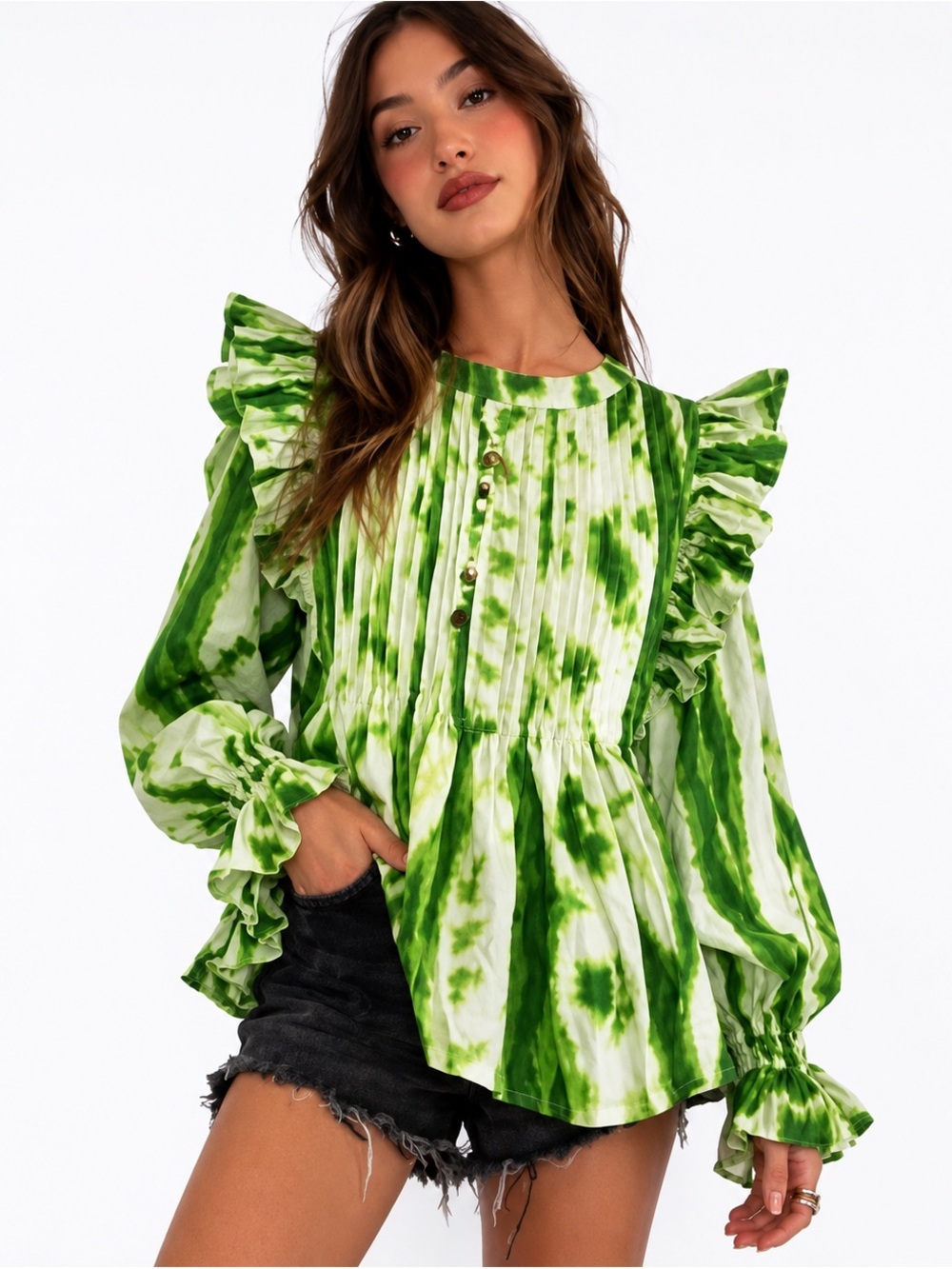 Anthropologie Green Tie-Dye Ruffle Peplum Blouse